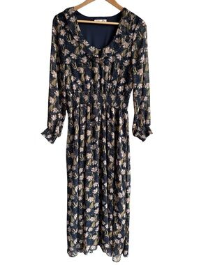 Dex Floral Cottagecore Maxi Dress Sz M Navy Sheer Long Sleeve Prairie Smocked